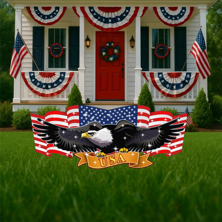 Eagle with American Flag Banner Yard Signs with firecracker and star signs