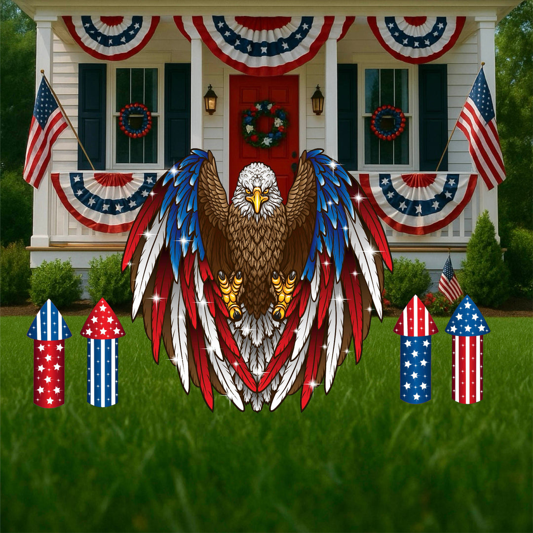 Bald Eagle American Pride Yard Art Sign with a bald eagle with red, white and blue wings.  Glitter finish on sign. Also featured, 4 firework shaped lawn signs with a glitter finish in red, white and blue flag theme. Patriotic yard decorations for sale at Yard Art Decor and More. Made in the USA. Free shipping included. 