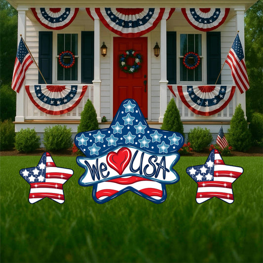 We love USA Banner Star Yard Signs with American Flag Star Signs