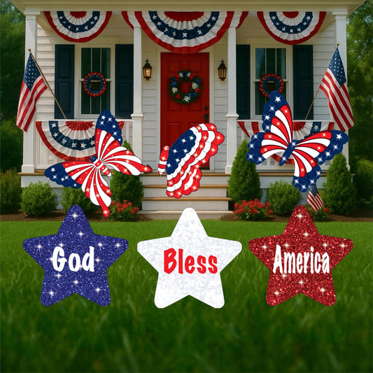 God Bless America Stars with Patriotic Butterfly shaped yard signs