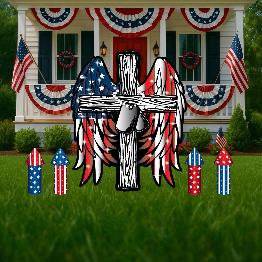 Patriotic lawn decorations.  Yard sign of a cross with dog tags, american flag and angel wings that resememble the American Flag. Also includes a set of four firework oudoor yard signs in red, white and blue. 