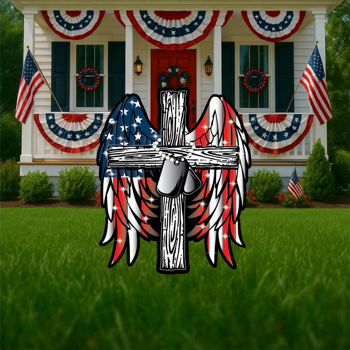 Patriotic Memorial Cross Outdoor Yard Art Sign of a cross with dog tags, american flag and angel wings. Red, white and blue theme. Outdoor yard signs perfect for Memorial Day, 4th of July, Veterans Day and in memorial/memory of a loved one. 