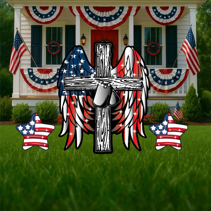 Collection of decorative outdoor yard signs featuring a white cross with military dog tags and angel wings colored like the american flag along with two stars in a flag theme. 
