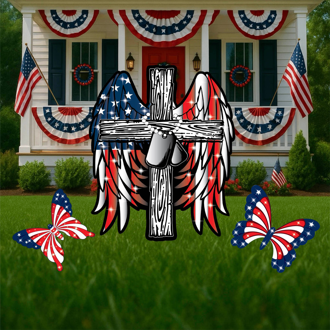 Patriotic memorial outdoor cross yard sign with 2 red, whtie and blue flag themed butterfly yard decor signs.  Summer holiday outdoor yard decorations for 4th of July, Veterans Days, Memorial Day and Labor Day. 