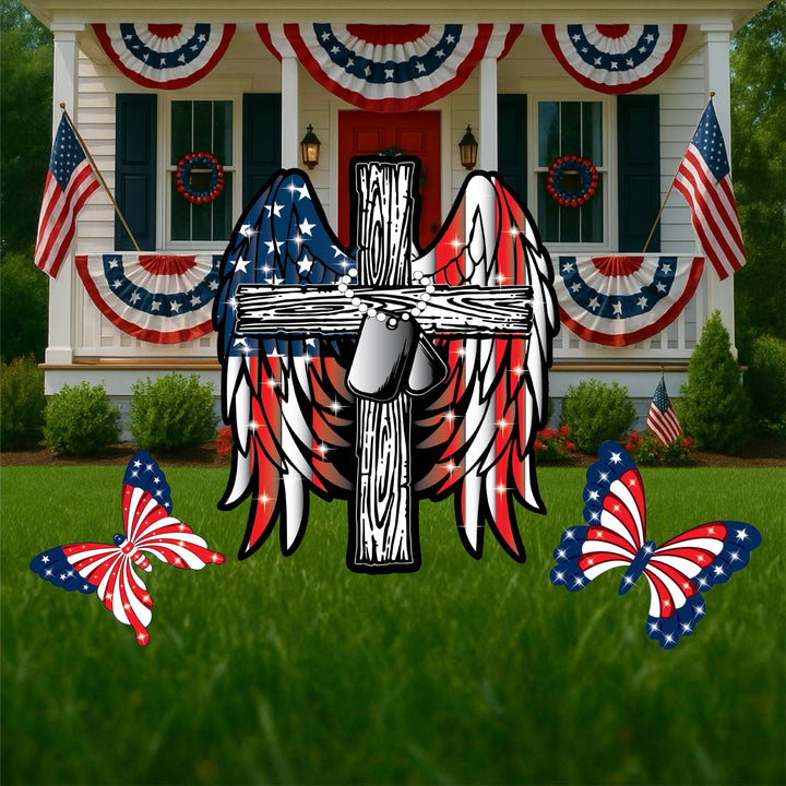 Patriotic memorial outdoor cross yard sign with 2 red, whtie and blue flag themed butterfly yard decor signs.  Summer holiday outdoor yard decorations for 4th of July, Veterans Days, Memorial Day and Labor Day. 