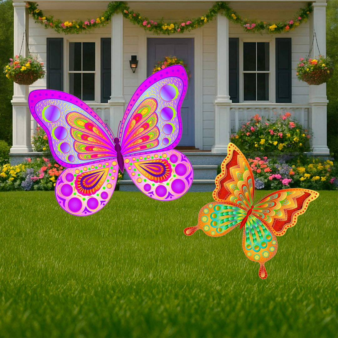 Set of 2 outdoor butterfly yard art signs with stakes for yards, lawns, porches, walkways, gardens and driveways. 1 butterfly decorative lawn sign is primarily purple with blue, yellow and pink. The other decorative art butterfly yard sign is primarily orange with red and teal. These outdoor yard art signs are made in the USA. Shipped from the US and free shipping is included. 