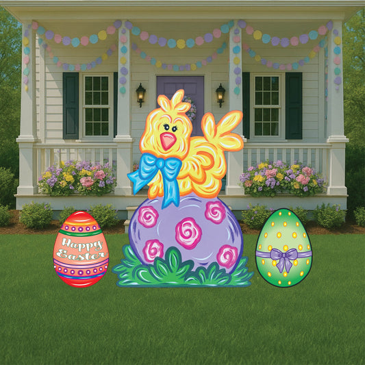 Easter Chick Sits on an Easter egg Sign Outdoor Decoration