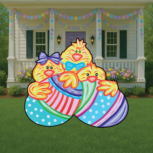 Three Easter Chicks with Two Eggs Sign Outdoor Decoration