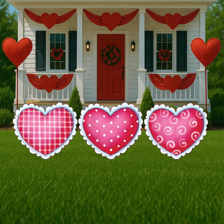 Polka Dot, Checks, and Swirls Valentines Heart With Lace Yard Signs