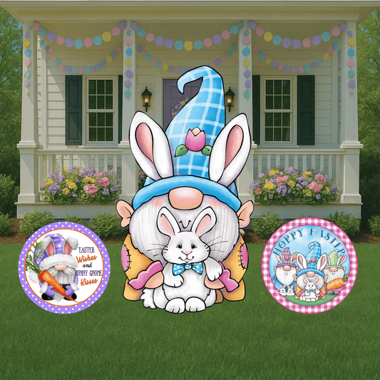 Easter Gnome holds Easter bunny Sign Outdoor Decoration