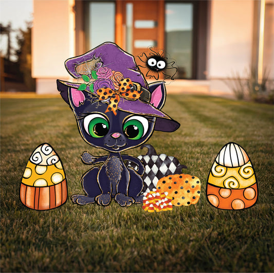 Black Kitty with Whimsical Pumpkins with Whimsical Fall Candy corns