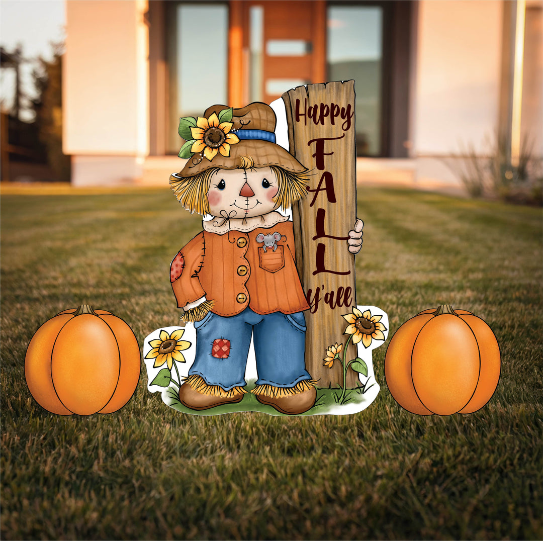 Scarecrow Hugs Wood Sign Fall Yard Art with Fall Pumpkins