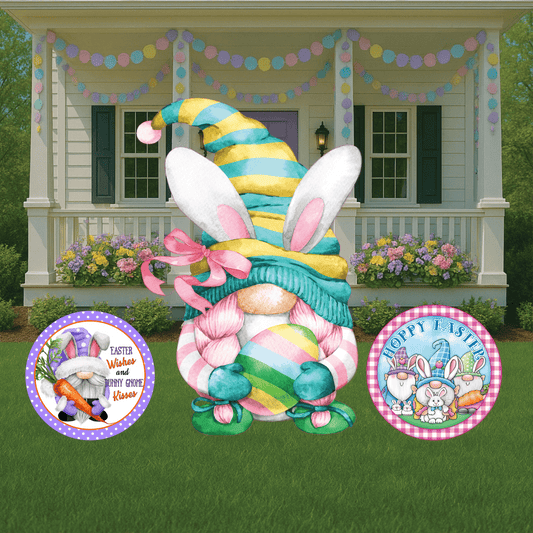 Easter Gnome holds Multicolored Striped Egg with Bunny Ears Outdoor Decoration