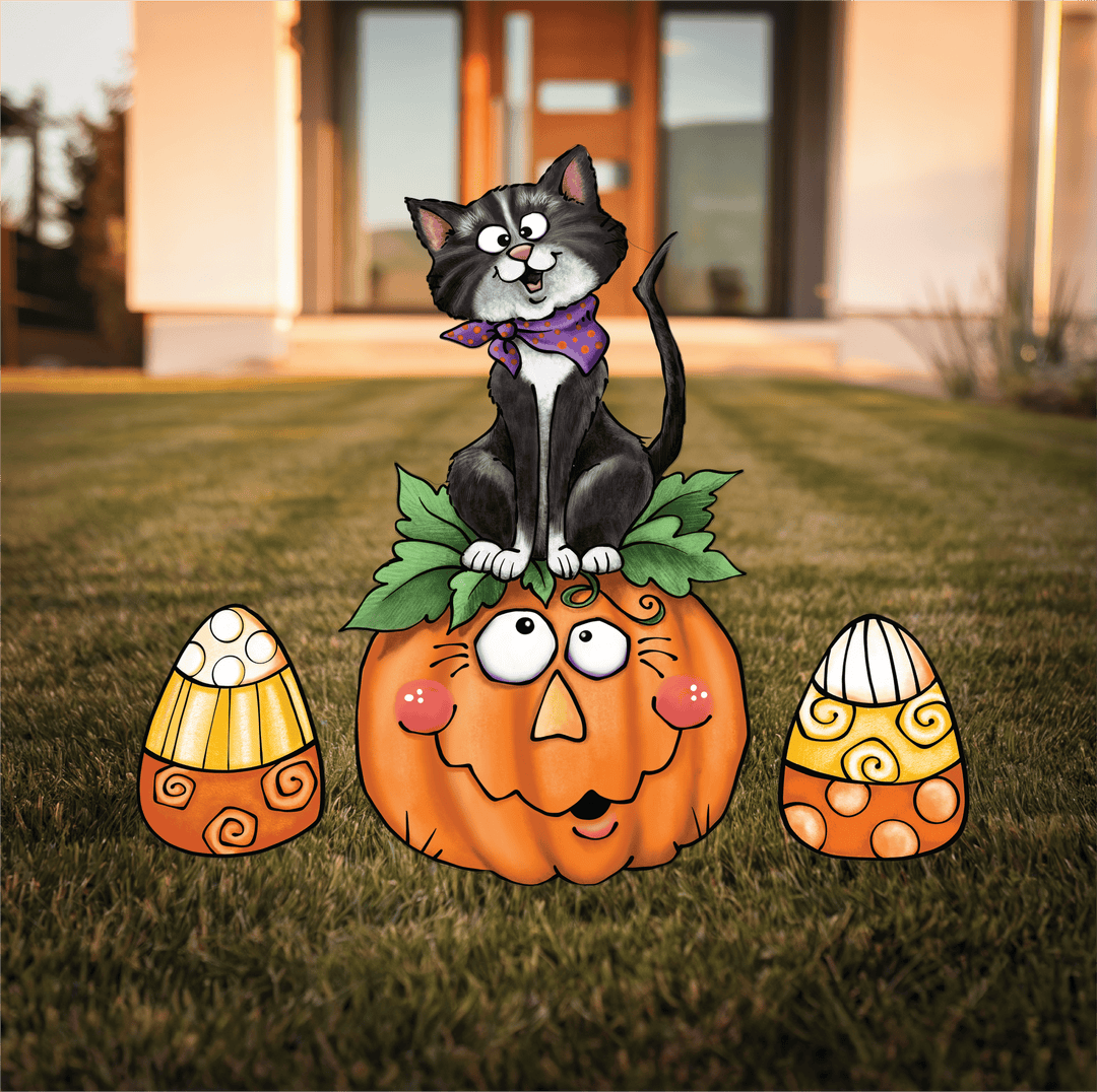 Smiling Black Cat Sits On Smiling Pumpkin Yard Art Decoration