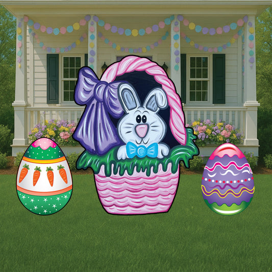 Pink Easter basket yard art decoration, Easter basket with bunny face yard sign with Easter eggs