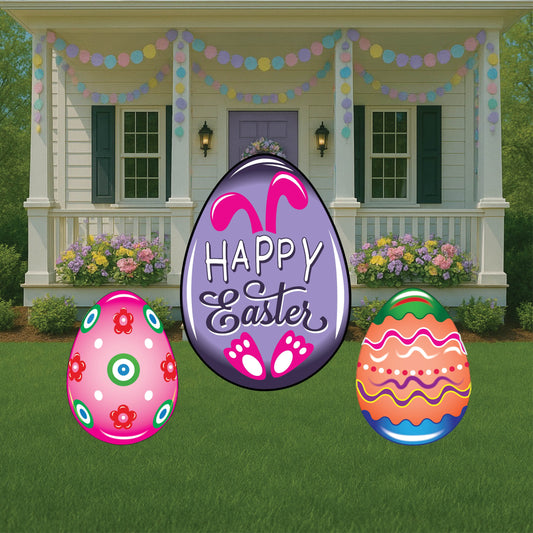 Purple Happy Easter Egg with Feet and Ears with decorative Eggs yard signs