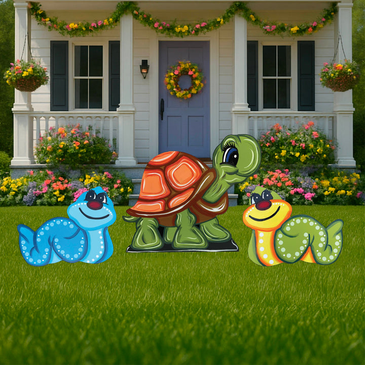 Green or Blue Spring Worm, Playful Turtle Sign Outdoor Decorations