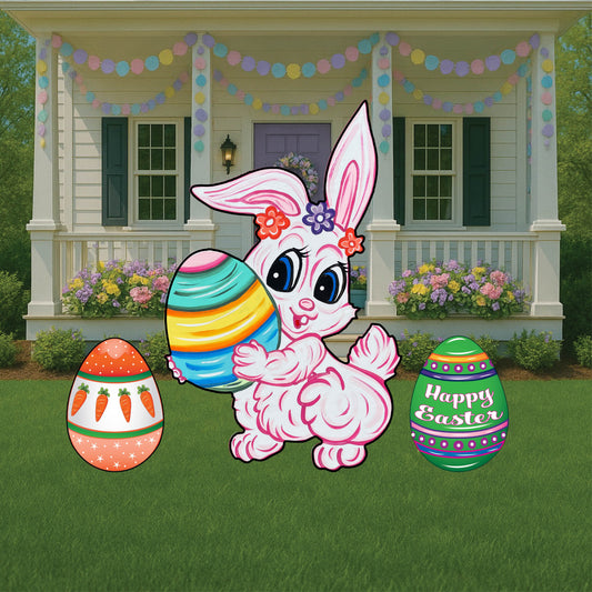 White Smiling Bunny Holds Egg Yard Art Decoration