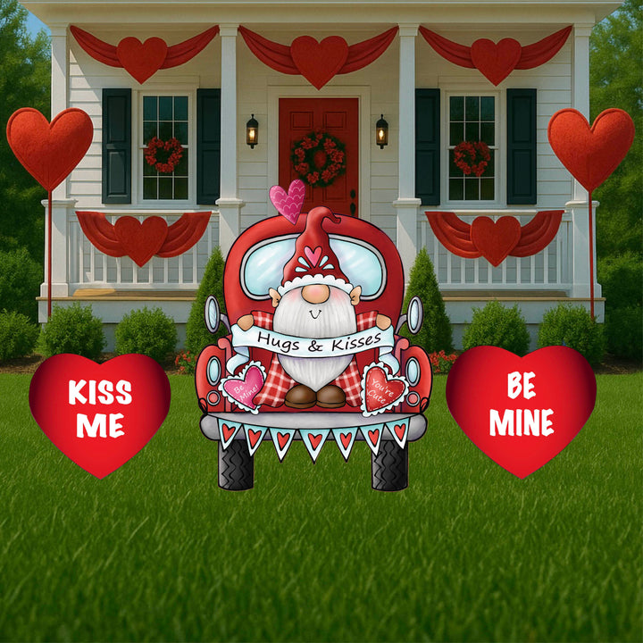 Valentines Gnome Truck Yard Sign and red Valentine's hearts Signs