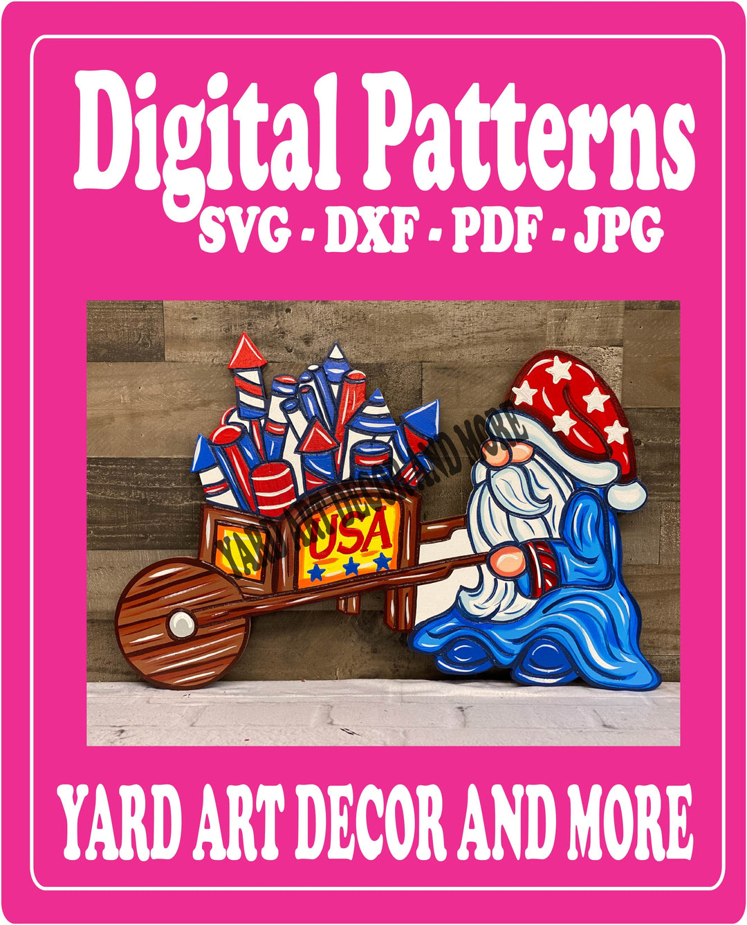 Patriotic Gnome Pushes Firecracker Wheelbarrow Yard Art Decor digital template
