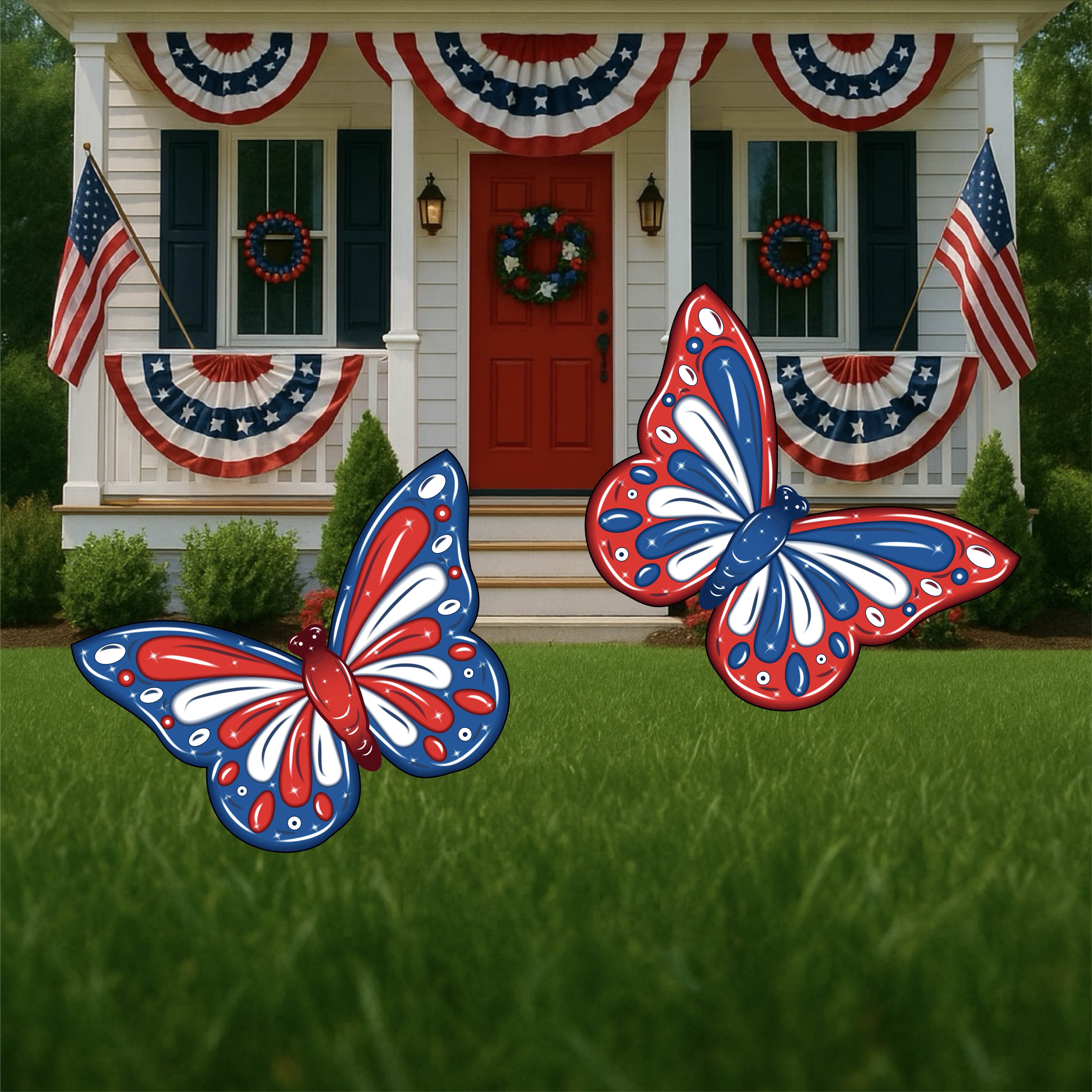 Set of 2 patriotic yard decorations featuring 2 red, white and blue butterfly lawn signs. Perfect for 4th of July, Memorial Day, Labor Day and the entire spring and summer season. 