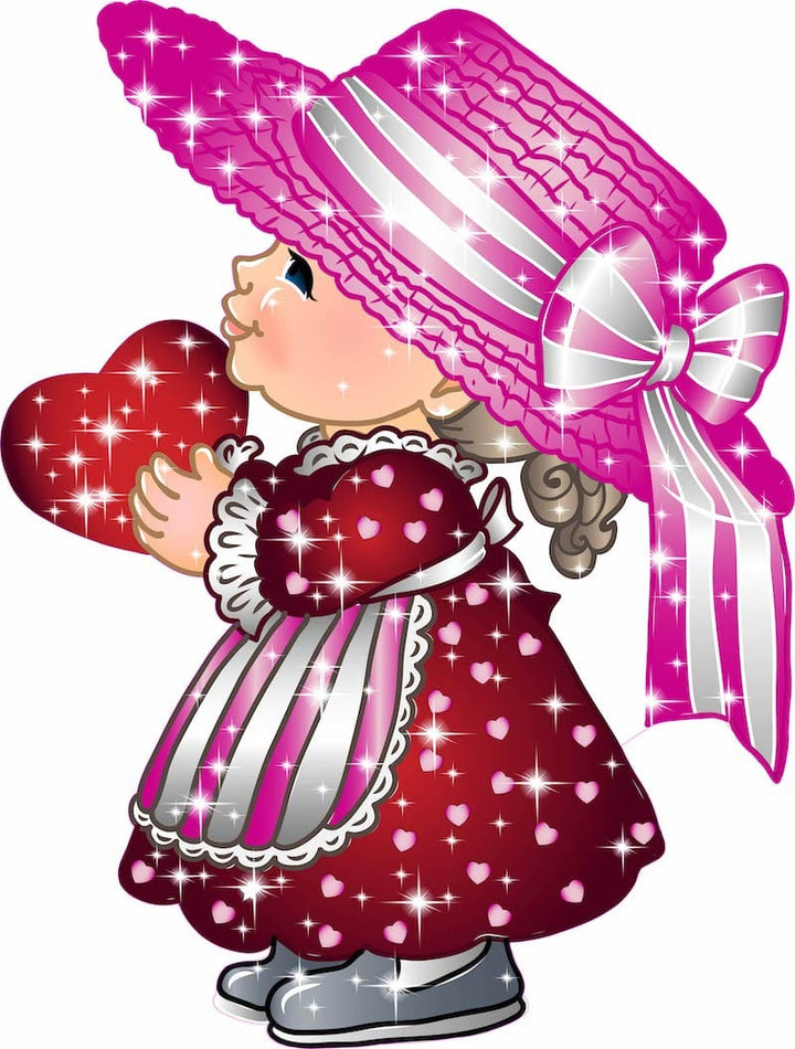 Cartoon girl in a red dress with pink hat holding a red heart, surrounded by sparkles on a white background.