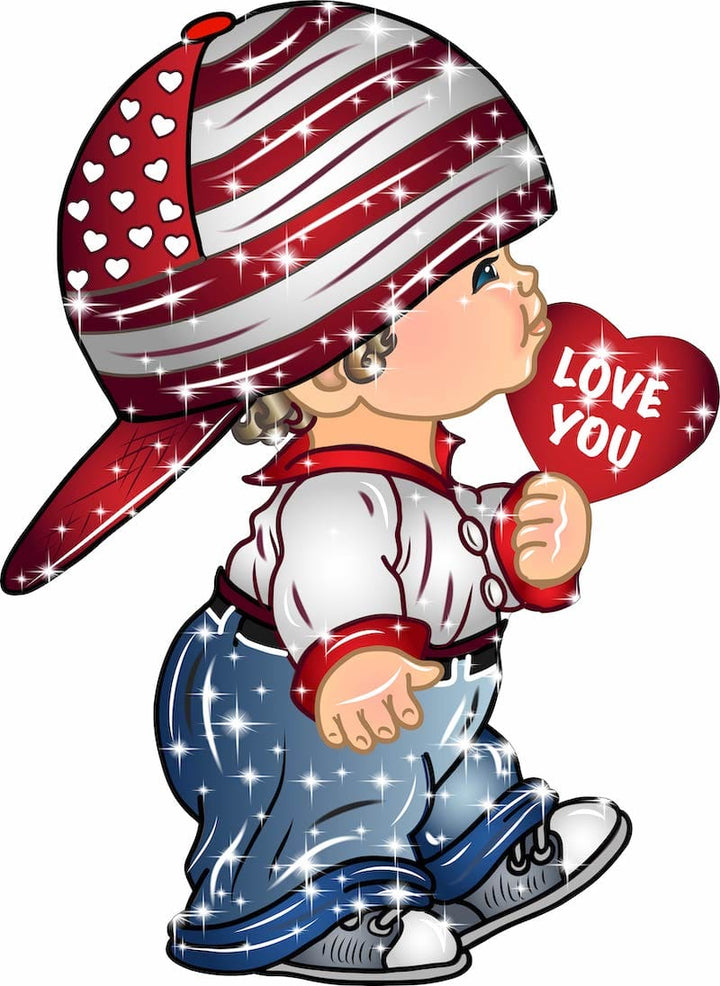 Cartoon character wearing an American flag hat and holding a 'Love You' heart, with sparkles on a white background.