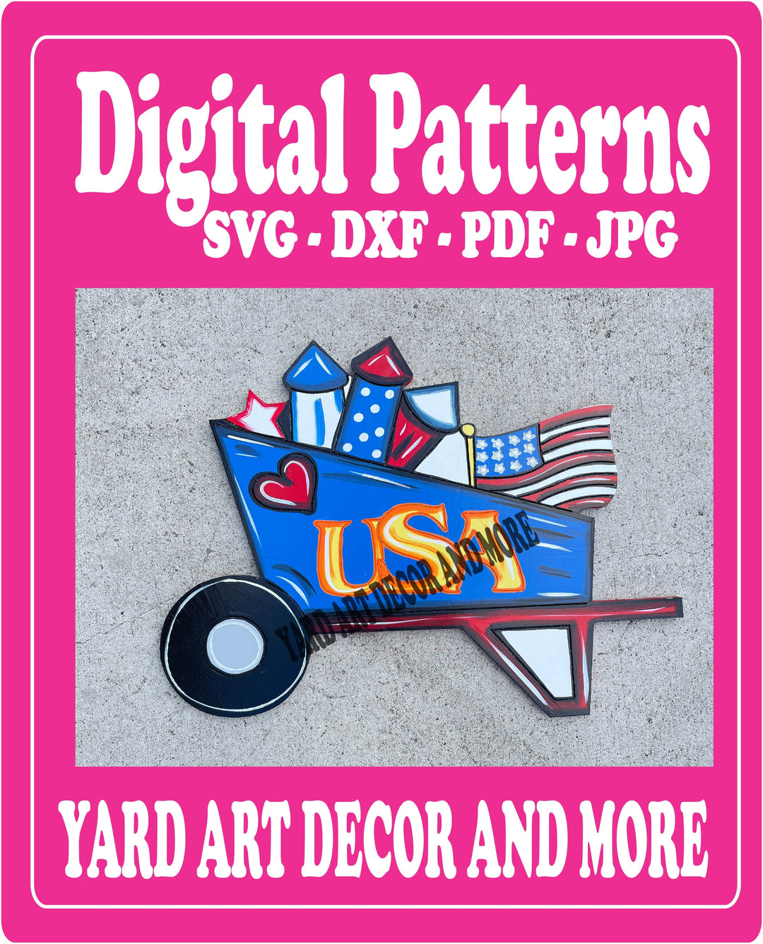 Patriotic Wheelbarrow with firecrackers barrel yard art decor digital template