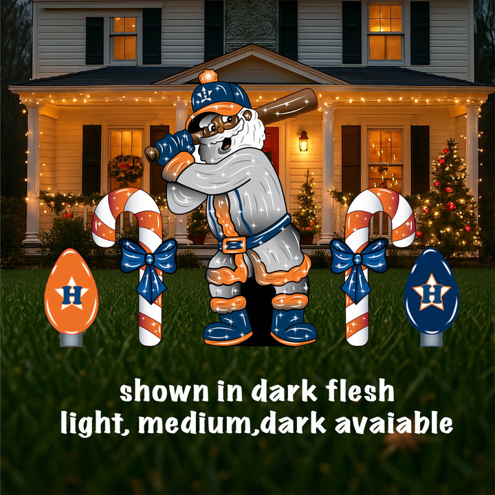 Houston Baseball Santa Yard Art with candy canes and bulbs