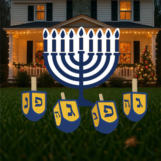 Blue and White Lighted Menorah with four Dreidels for Hanukkah