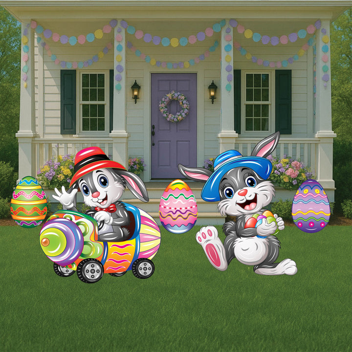 Easter Bunny Driving Easter Egg Car and Floppy Ear Easter bunny yard signs
