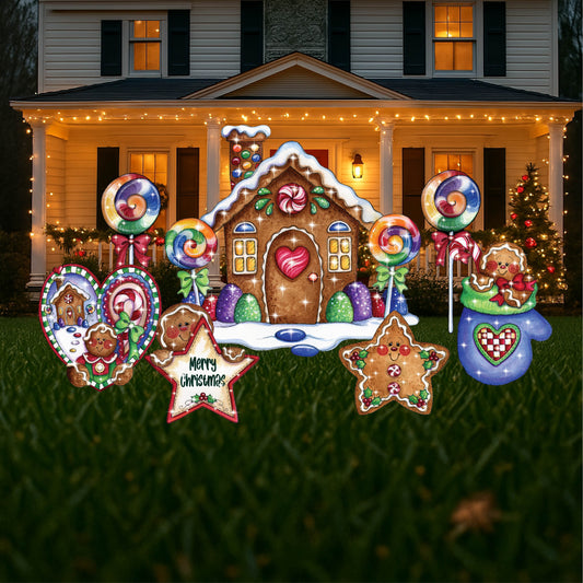 GingerBread House with Lolly Pops 7PC set Yard Art Sign