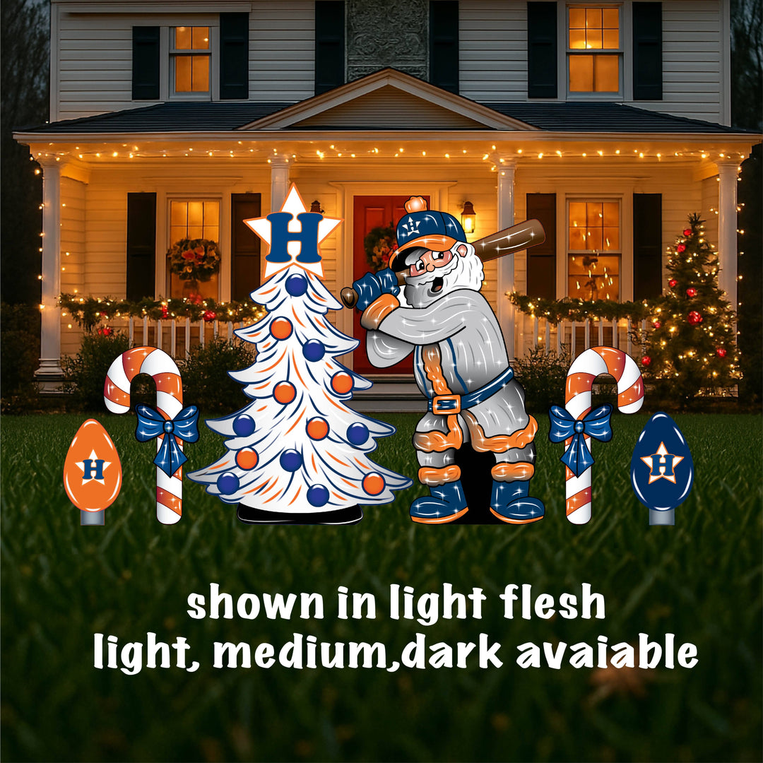 Houston Baseball Santa and Lighted Tree Yard Art with candy canes and bulbs