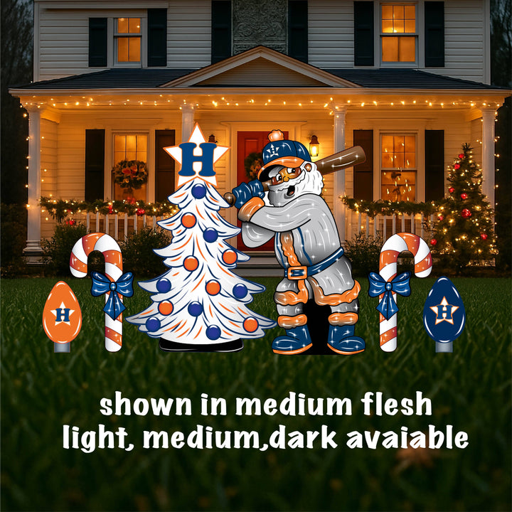 Houston Baseball Santa and Lighted Tree Yard Art with candy canes and bulbs