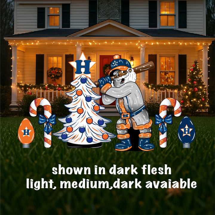 Houston Baseball Santa and Lighted Tree Yard Art with candy canes and bulbs