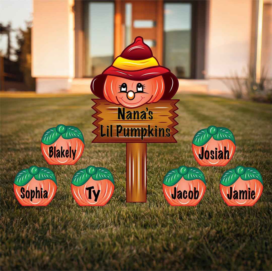 Personalized outdoor Fall and Thanksgiving Yard Signs for sale. Set includes smaller pumpkin yard signs customized with children's first names and a main sign that reads, "Nana's Lil Pumpkins."