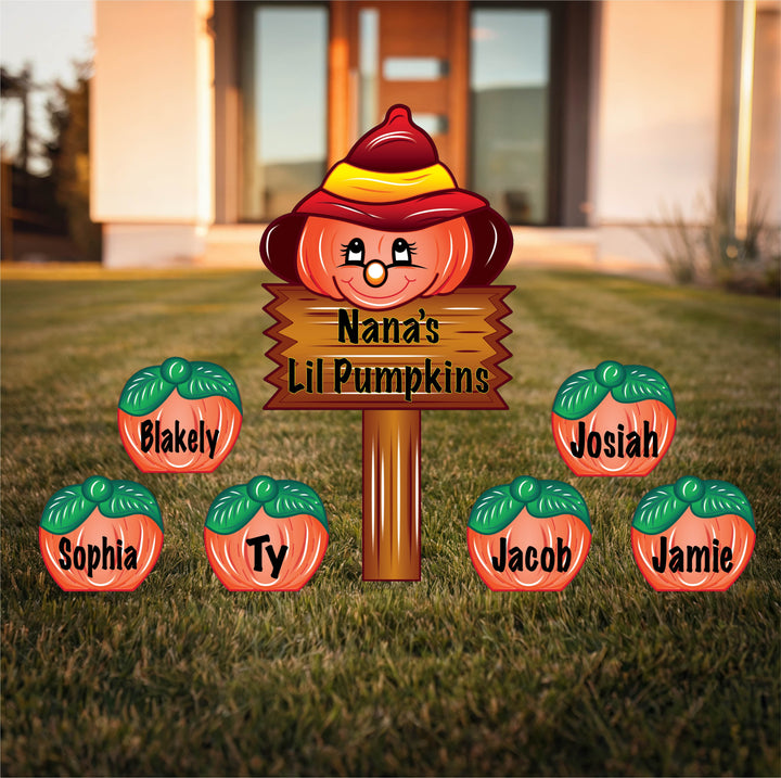 Personalized outdoor Fall and Thanksgiving Yard Signs for sale. Set includes smaller pumpkin yard signs customized with children's first names and a main sign that reads, "Nana's Lil Pumpkins."