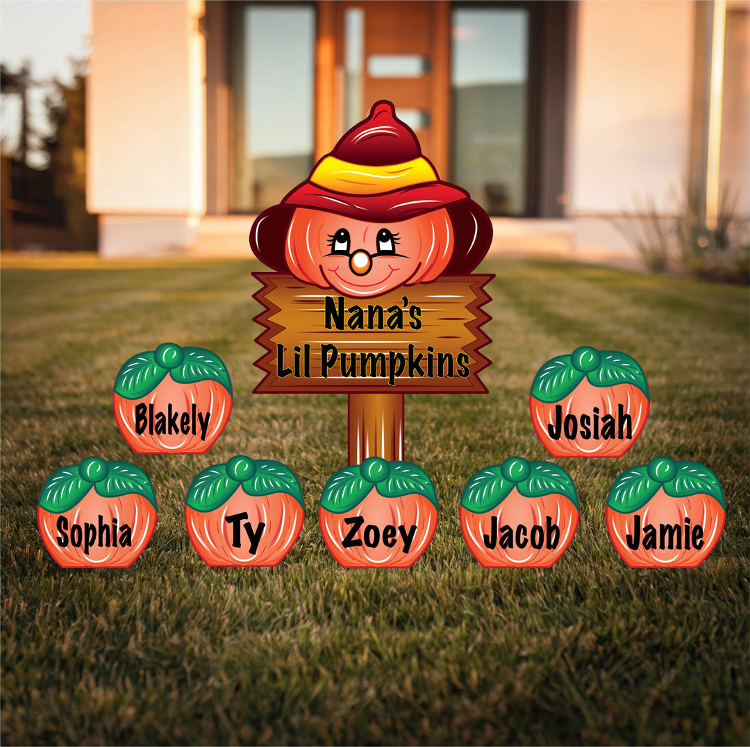 Customized Thanksgiving outdoor decorative yard signs. Main sign is a sign that reads "Nana's Lil Pumpkins." Also featured are smaller pumpkin yard signs personalized with the names of grandkids on them. Personalize your Thanksgiving outdoor decorations with these adorable pumpkins from Yard Art Decor and More. 