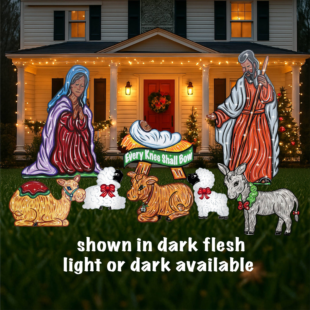 Bundle 8PC Set- 3PC Nativity Set of Mary, Joseph, and Baby Jesus, 2 lambs, cow, camel, and donkey