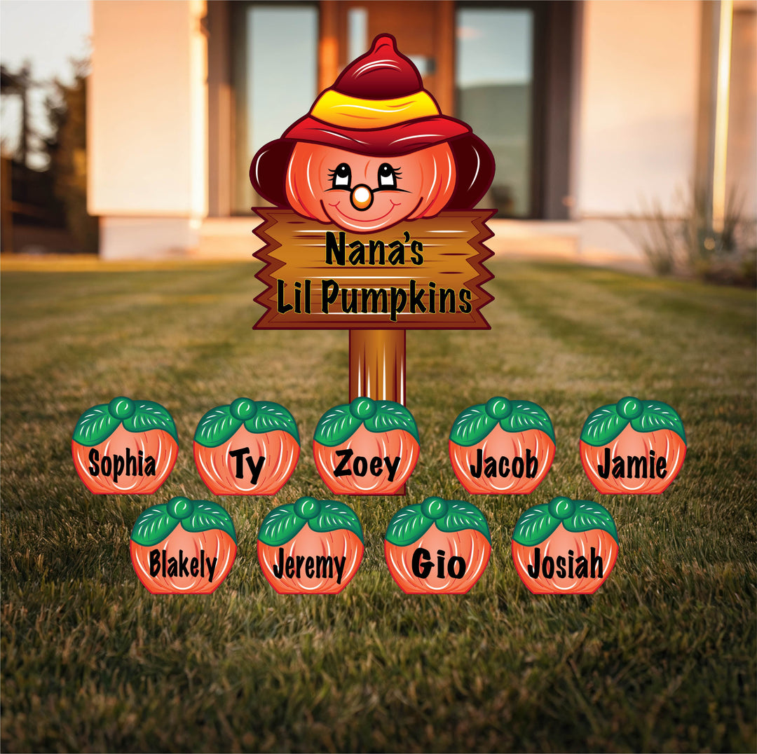 Decorative sign with 'Nana's Lil Pumpkins' and personalized pumpkin names on a grassy lawn. Perfect Thanksgiving/Fall gifts for grandparents who decorate for fall, Halloween or Thanksgiving. 