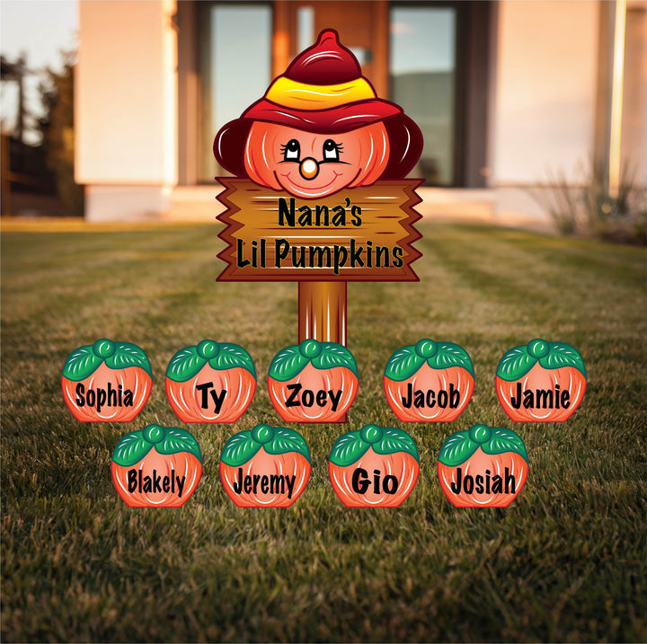 Decorative sign with 'Nana's Lil Pumpkins' and personalized pumpkin names on a grassy lawn. Perfect Thanksgiving/Fall gifts for grandparents who decorate for fall, Halloween or Thanksgiving. 