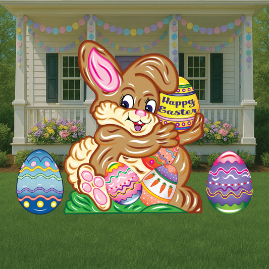 Brown Bunny holding a Happy Easter Egg Yard Sign