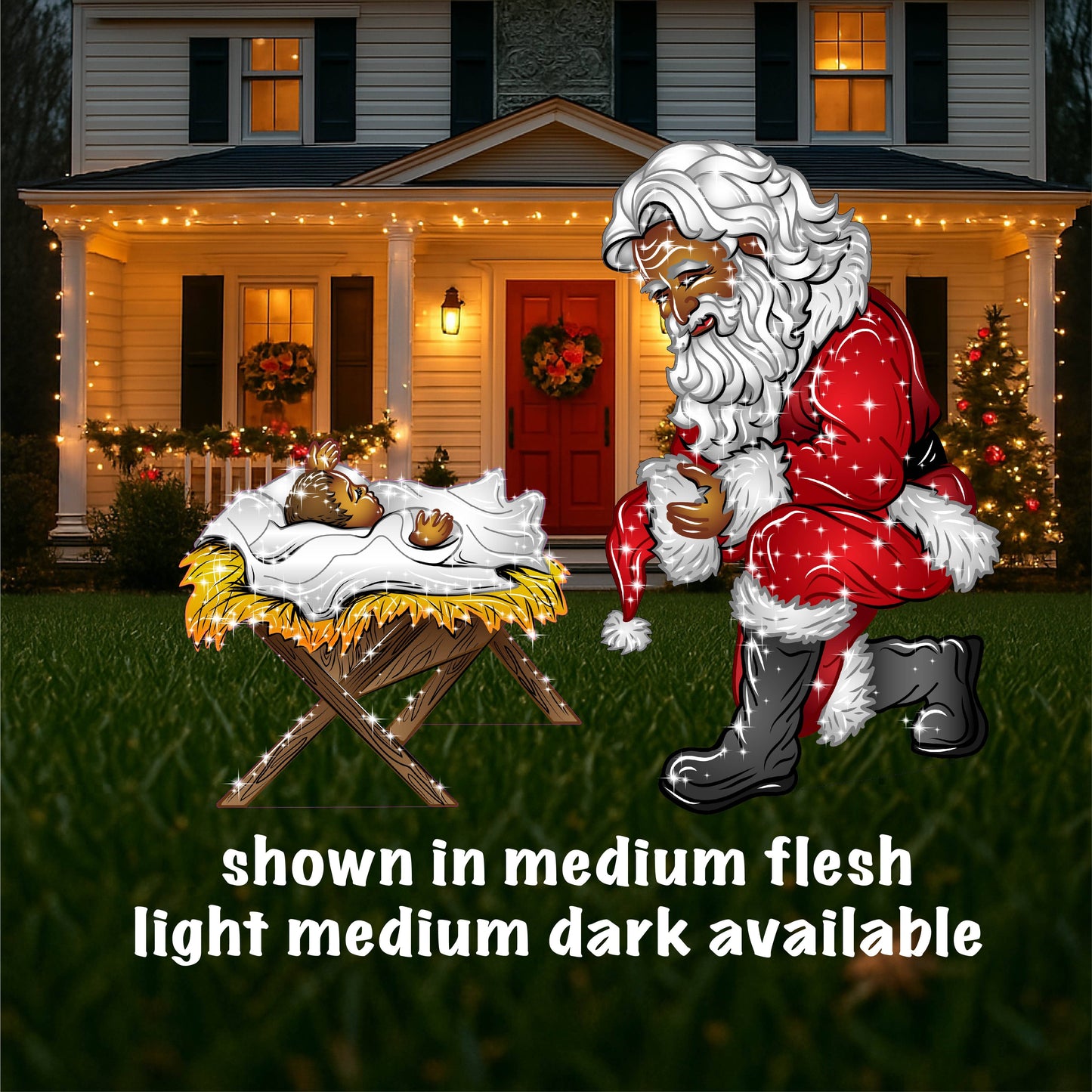Christmas Yard Art Kneeling Santa with Baby Jesus in Manger
