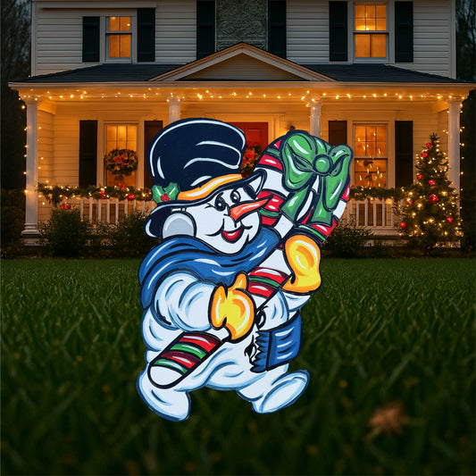 Christmas holiday Snowman with a Candy Cane Outdoor Sign