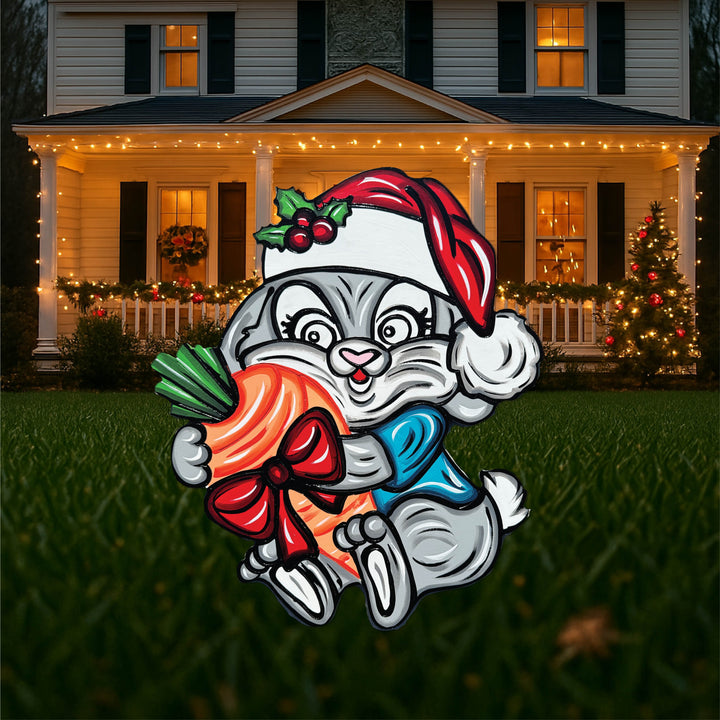 Christmas Bunny Yard Sign – Wooden Outdoor Holiday Décor | Festive Rabbit Lawn Decoration for Farm & Garden Displays
