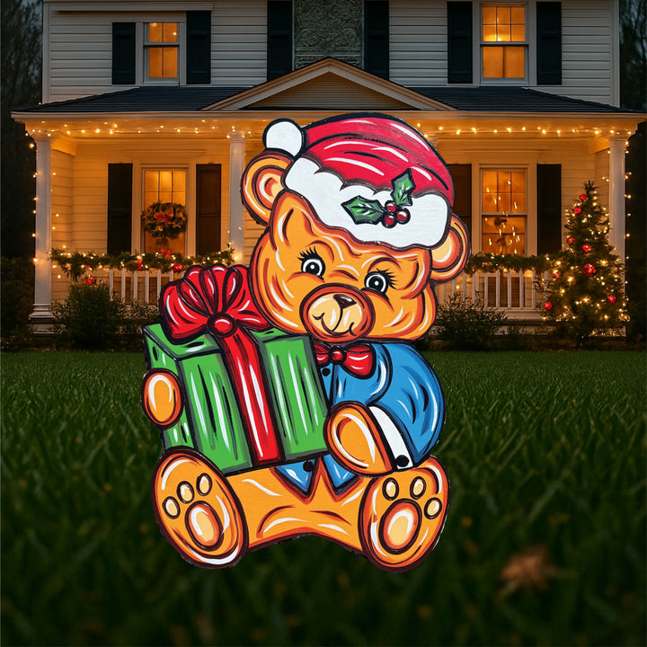 Christmas Bear with Present Yard Art Decoration