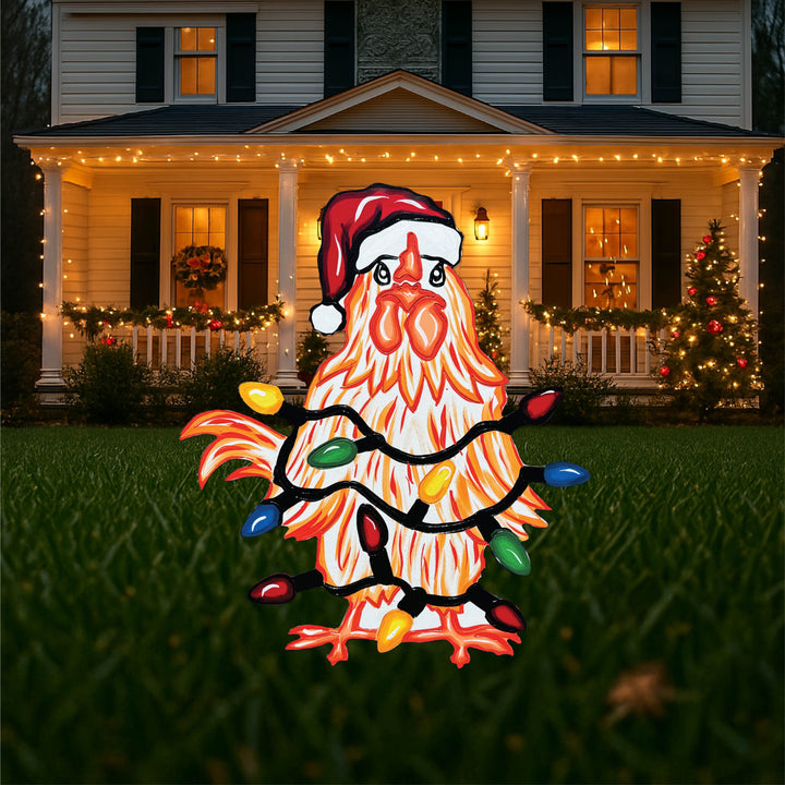 Funny Christmas Chicken Outdoor Decor | Chicken Yard Sign with Lights | Holiday Gift for Women | Farm Christmas Yard Decoration