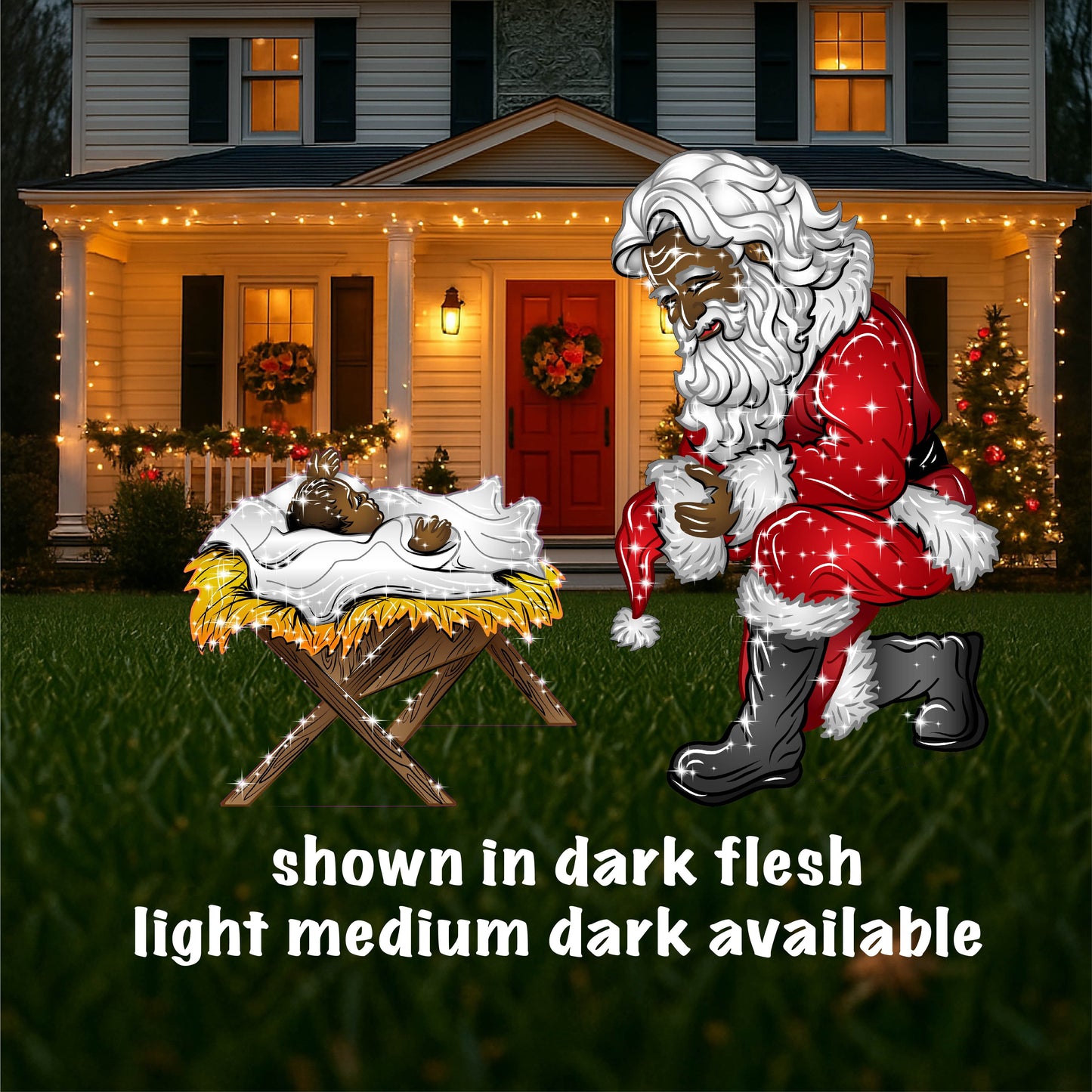 Christmas Yard Art Kneeling Santa with Baby Jesus in Manger