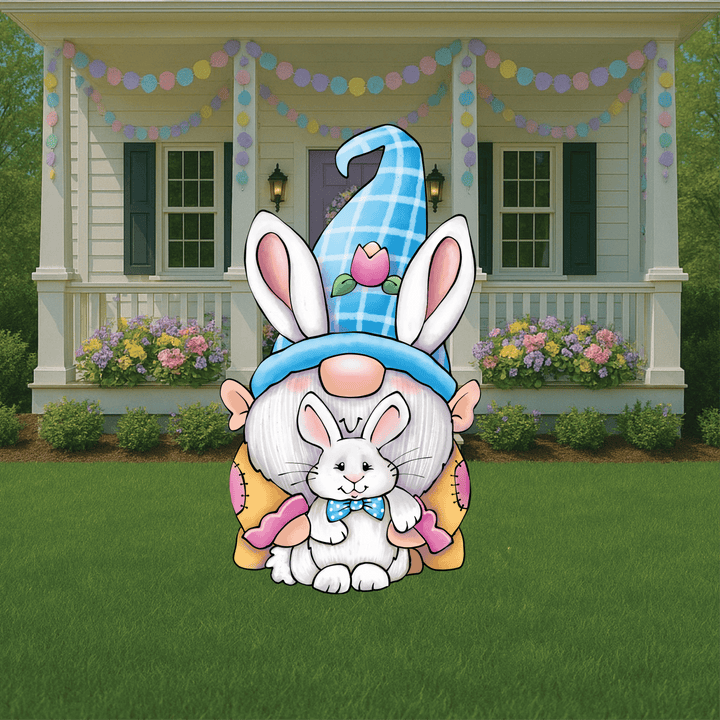 Easter Gnome holds Easter bunny Sign Outdoor Decoration