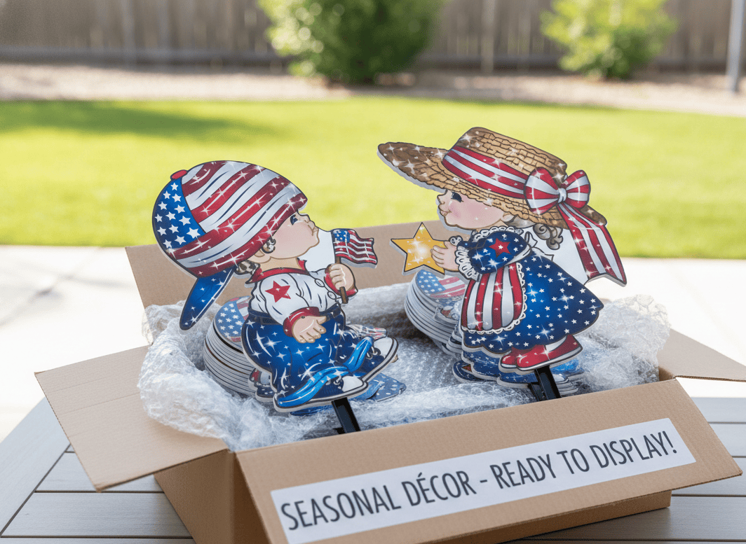 Two fully painted patriotic yard signs, a boy and a girl in red, white, and blue outfits, being unboxed from a shipping container with bubble wrap and a label that says "Seasonal Décor - Ready to Display